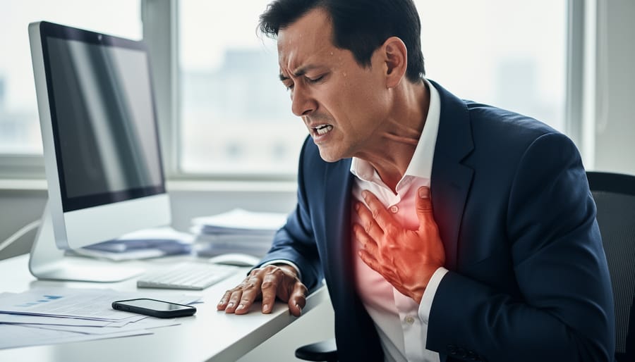 Woman's hand placed over heart area on chest indicating cardiovascular concern