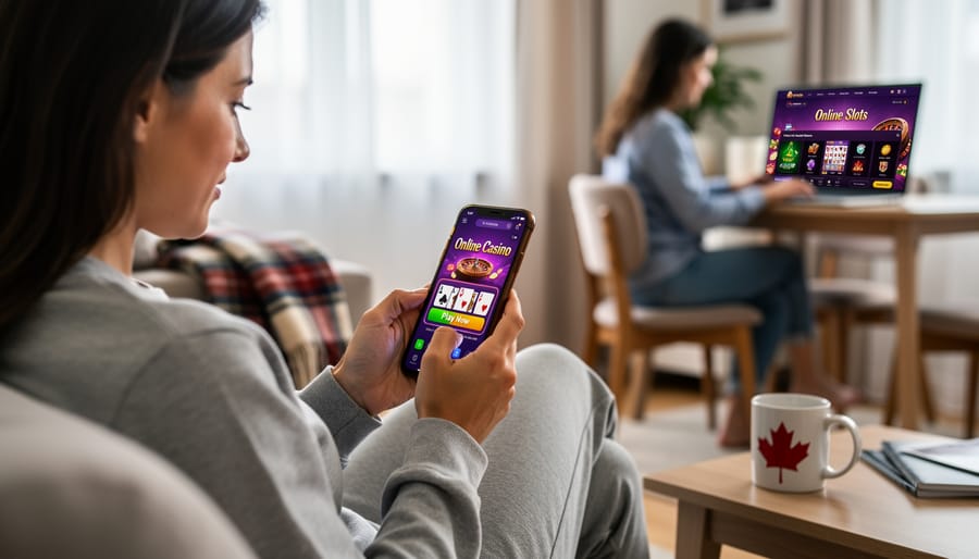 Canadian woman sitting on couch looking concerned while holding smartphone