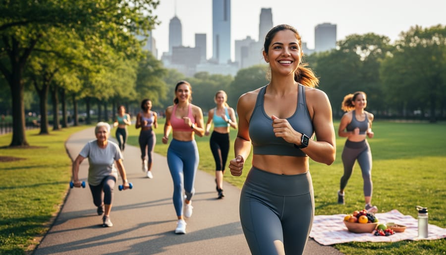 Active woman walking outdoors on tree-lined path during golden hour