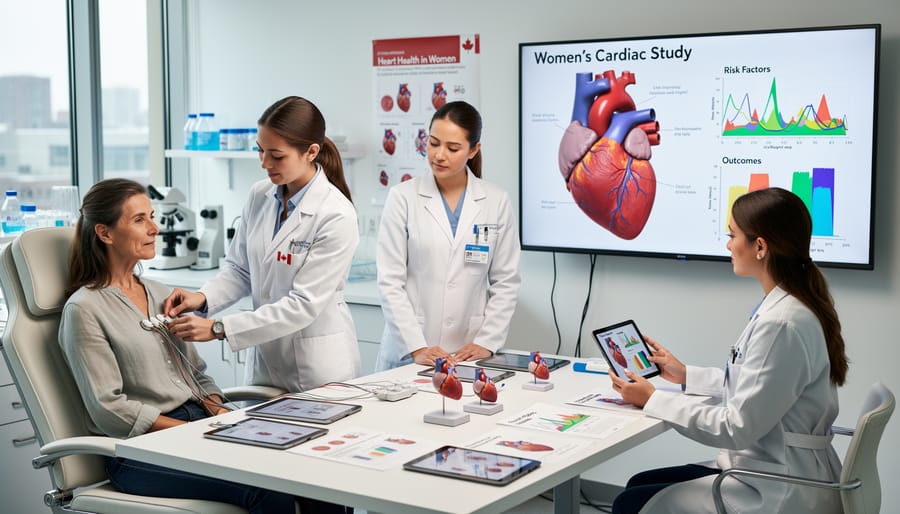 Female medical researcher examining anatomical heart model in research laboratory