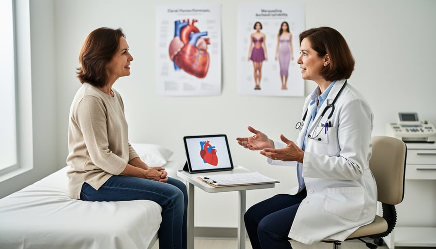 Canadian woman in a clinic room holding an intake folder and resting her hand on her chest
