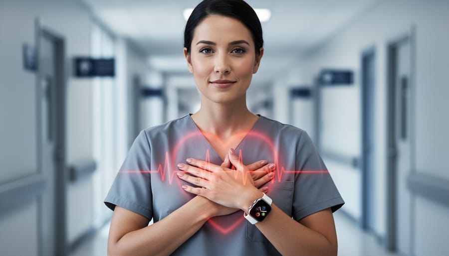 Canadian woman holding her chest over a healthcare setting, symbolizing women’s heart health and support initiatives.