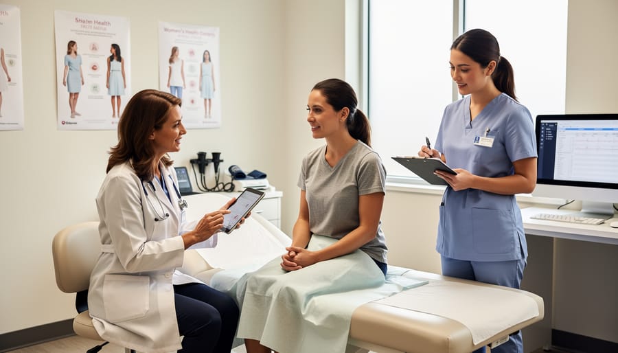 Clinician speaking with a patient in a bright clinic room