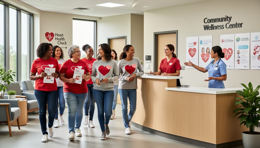 Diverse group of women walking past a community health building at dusk