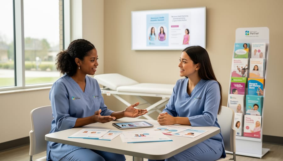 Two Canadian women in a clinic hallway discussing heart health information