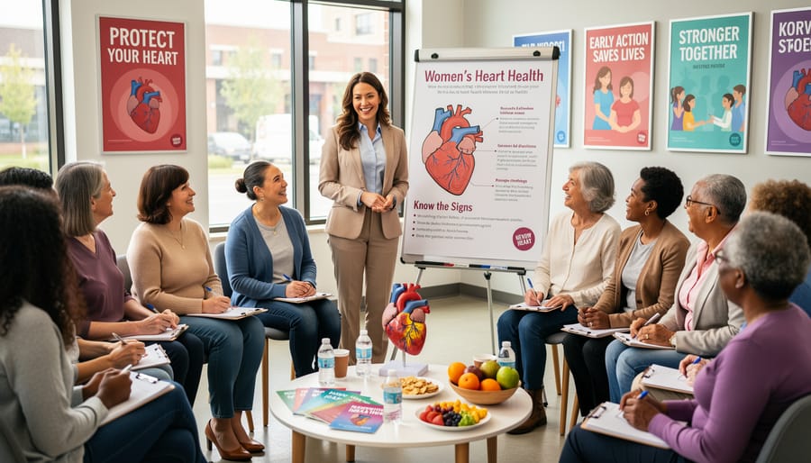 Women gathered in a community center for a heart health awareness event with heart-shaped balloons