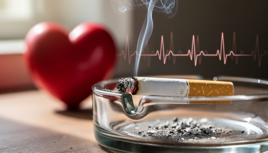 Close-up of cigarette ash and a partially crushed cigarette in a metal ashtray on a kitchen counter