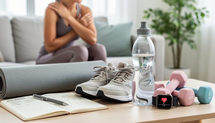 Hands holding a stress ball next to a running shoe and water bottle in a bright living space