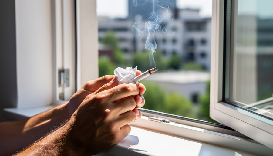 Close-up of a person’s hands holding a cigarette near an open window