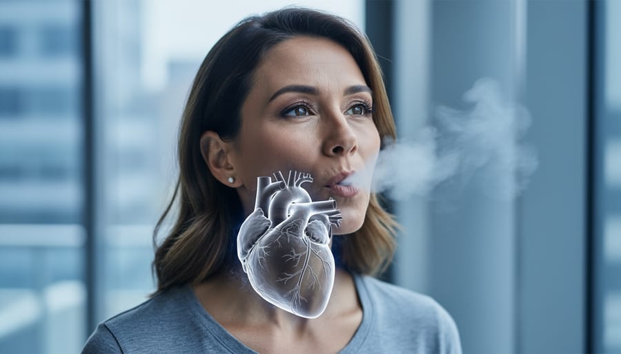 Canadian woman exhaling, with smoke visually blending into a translucent heart and blood vessel silhouette to represent tobacco-related heart damage.