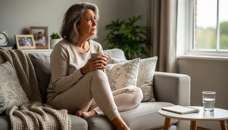 Canadian woman in her late 40s sitting by a window holding a warm drink, hand over her chest, representing the menopausal transition experience.