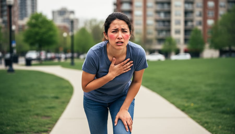 Woman outdoors looking concerned and holding her chest as if experiencing shortness of breath