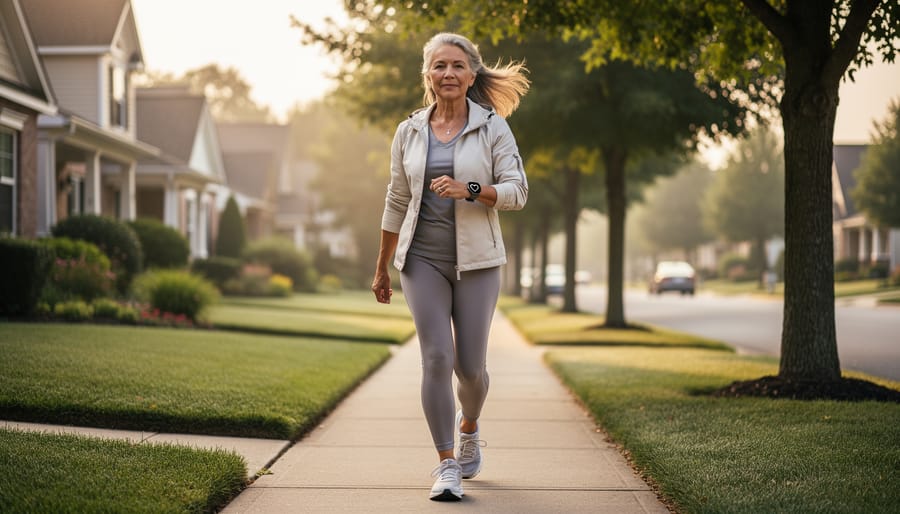 Woman walking outdoors in a Canadian park at sunrise, illustrating healthy lifestyle habits during the menopausal transition.